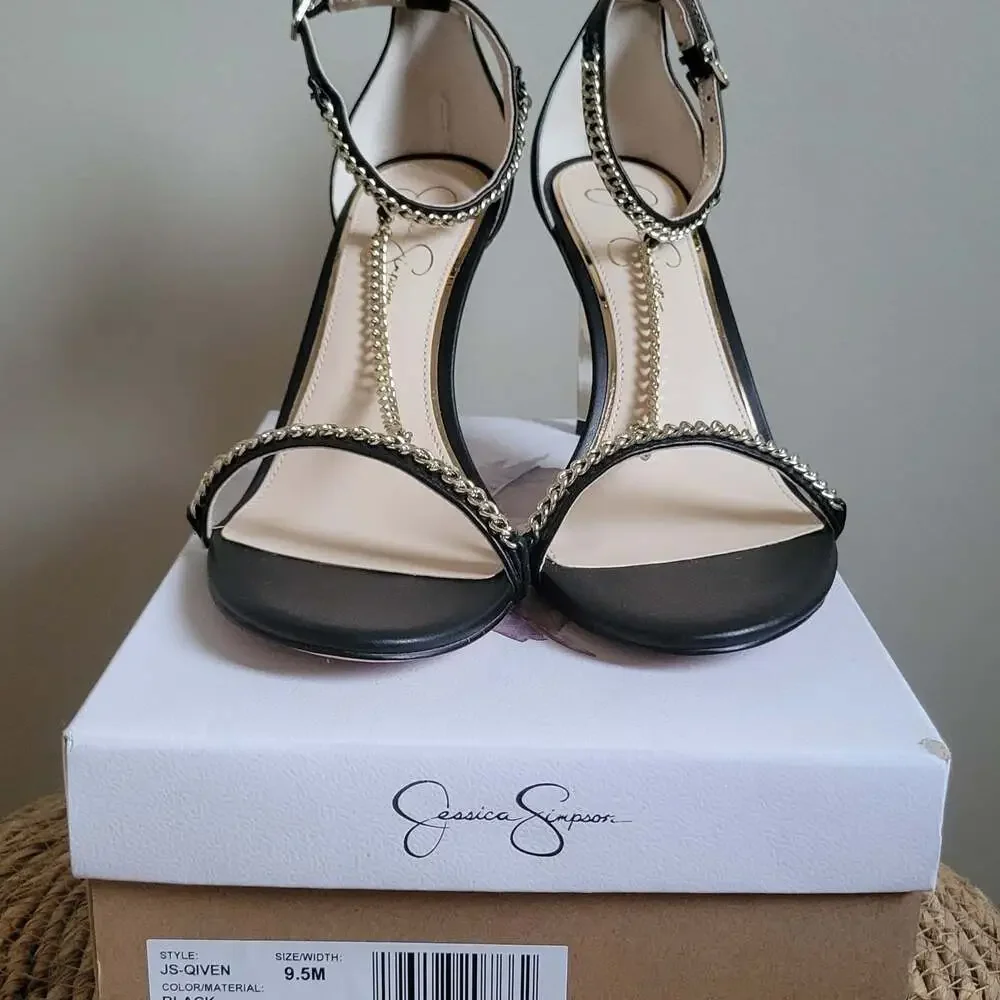 Jessica Simpson Qiven Chain T-Strap Dress Sandals,Black/Gold,9.5 - Picture 10 of 16